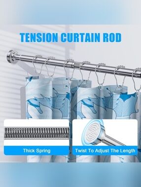 NIB Chrome Shower Curtain Spring Tension Rod with Modern Round Mount 32" - 80"